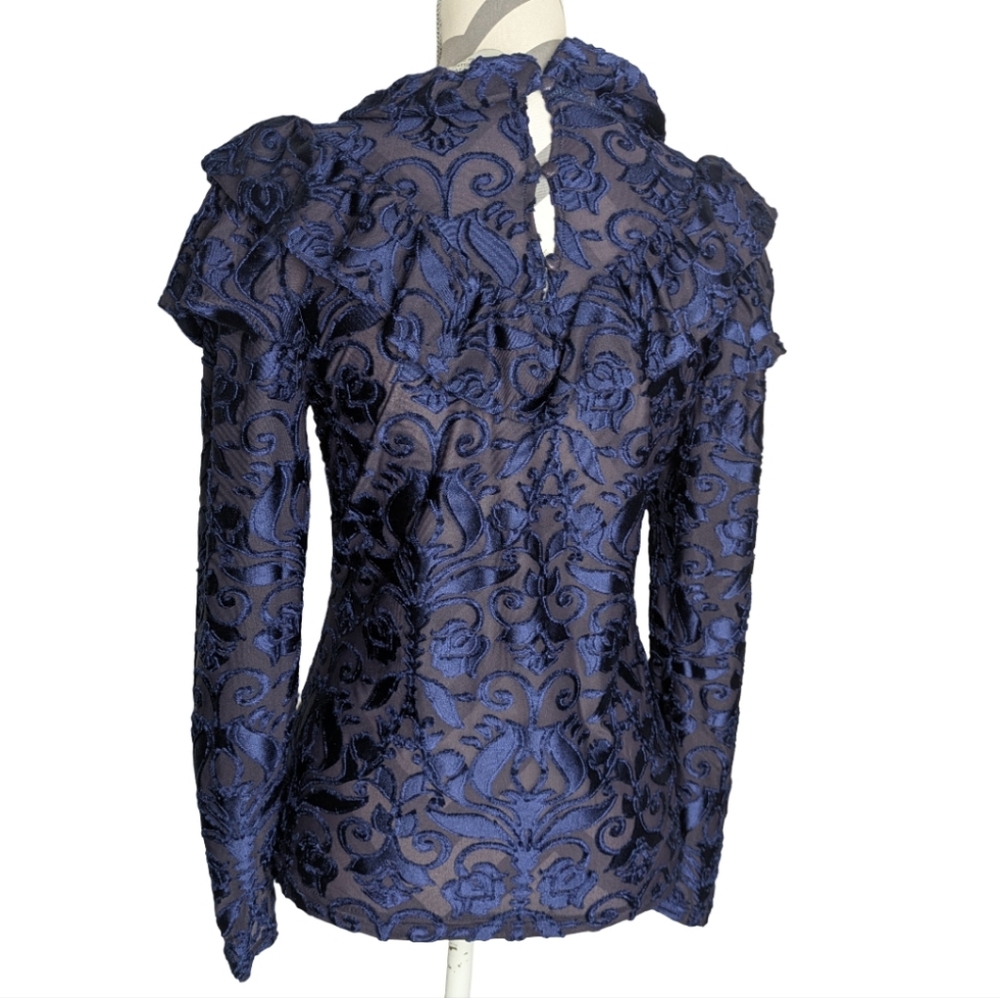 Luminary Women's Top Small Elegant Blue Velvet Victorian Jacquard Long Sleeve - Picture 4 of 10